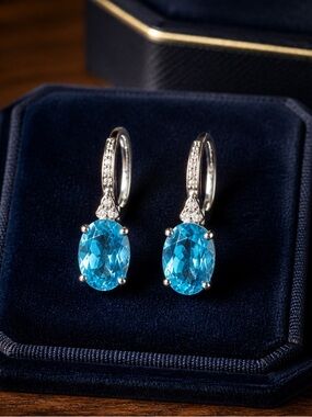 Blue Topaz Oval Drop Earrings - 925 Sterling Silver with Crystal Accent